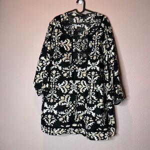 a Style&Co 20W Black Beige Linen Beaded 3/4 Sleeve Tunic Blouse